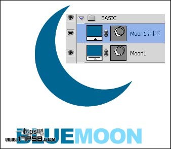 选择moon1,复制一层,得到moon1副本层.