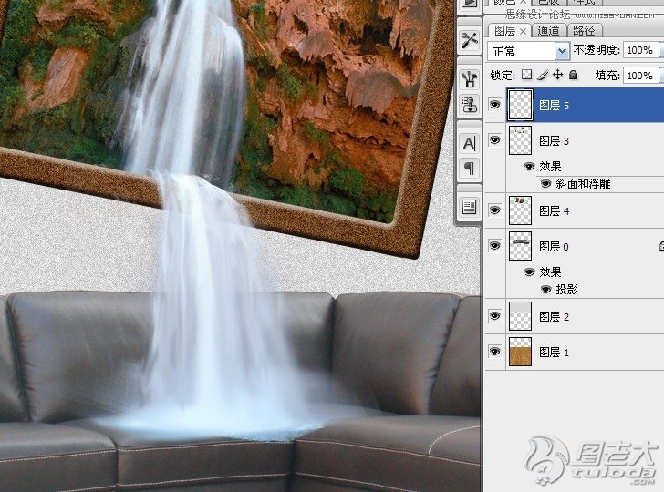 Photoshop合成客厅内瀑布流水效果,PS教程,图老师教程网