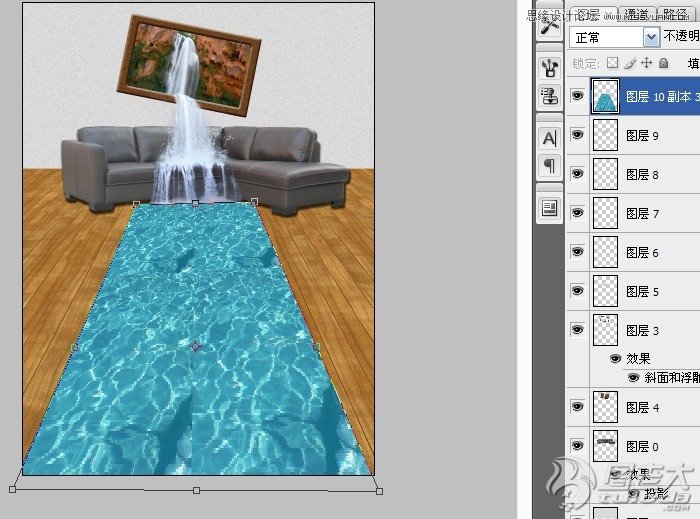 Photoshop合成客厅内瀑布流水效果,PS教程,图老师教程网